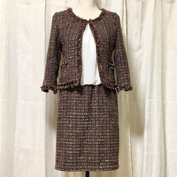 carlragazze ツイード ノーカラー ジャケット ワンピース セットアップ ブラウン系 11AR