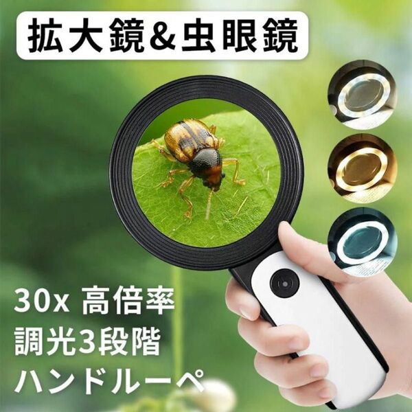 30倍 高倍率 拡大鏡 LEDライト付き 30倍 虫眼鏡 ルーペ 高倍率 見やすい 拡大レンズ 調光3段階 虫眼鏡