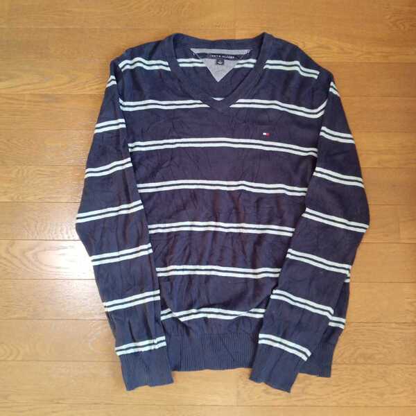 030【即決・送料無料】 TOMMY HILFIGER トミーフィルフィガー 長袖コットンニットセーター メンズM ネイビー/スカイブルー/ボーダー