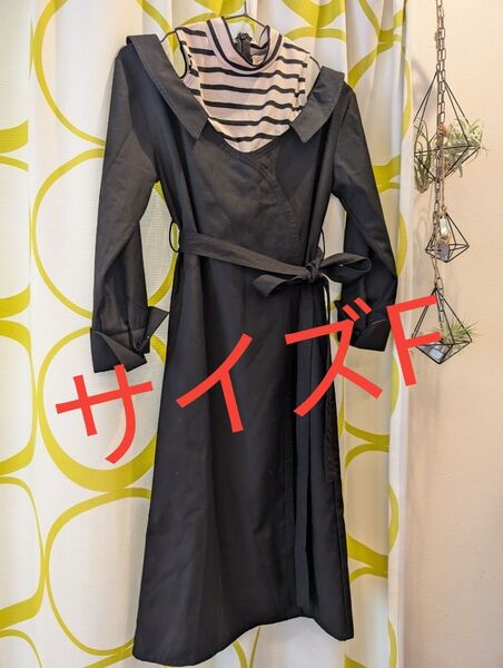 春セール 美品 サイズF 韓国メーカー 黒×黒白ストライプ ロングワンピース 個性派デザイン