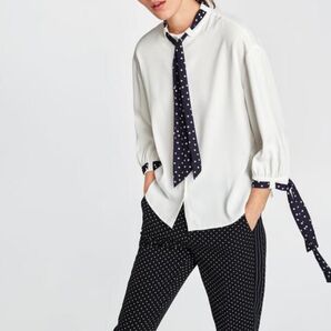 ZARA BASIC ザラ ベーシック ドット柄リボン付きボウタイブラウス リボンタイ シャツ