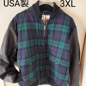 Golden Bear ブラックウオッチ、ウール/レザージャケット、サイズ:3XL
