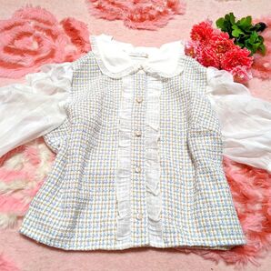 定価1万円相当◆白×チェック◆フリフリ◆姫◆フリル&袖シースルー◆激可愛◆プリンセス◆ブラウス
