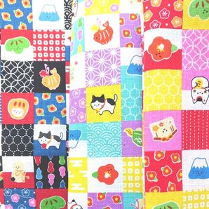 *390*格子 縁起物柄 和柄生地 3カラーセット はぎれ 55×50㎝