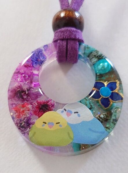インコちゃん天然石とドライフラワーレジンネックレス インコネックレス 天然石ネックレス レジンインコ インコアクセサリー