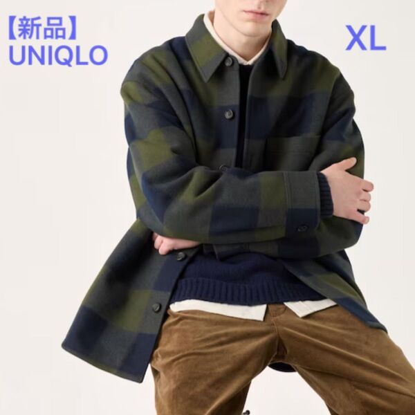 【新品】ユニクロ オーバーシャツジャケット メンズ チェック オリーブ XL