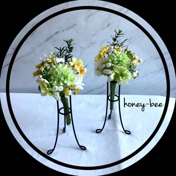 【yellow greenマム】mini 仏花1対 (2束)造花アーティフィシャルフラワー 全長17.5㎝