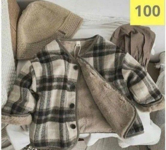 100 韓国風子供服 裏起毛ショートコート ジャケット アウター チェック ブラウン