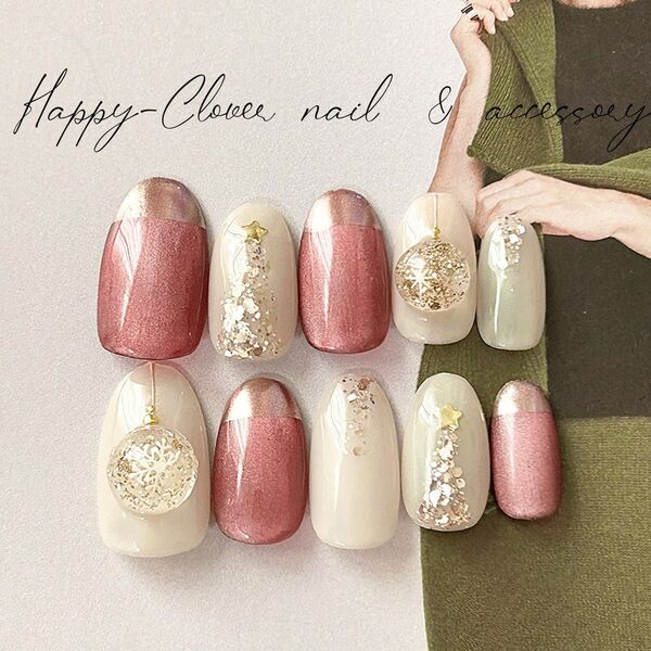 《オーダー》ネイルチップ ボルドーのクリスマスネイル 冬ネイル 結婚式