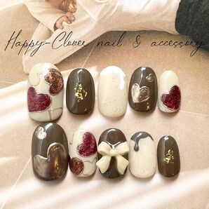 《オーダー》ネイルチップ ベージュのリボン&ツイードネイル