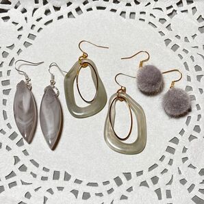 601 ハンドメイド ピアス★3点セット グレー系