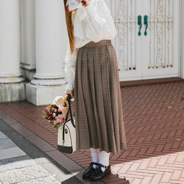 BONLECILL アソートチェッククラシックロングプリーツスカート ブラウン