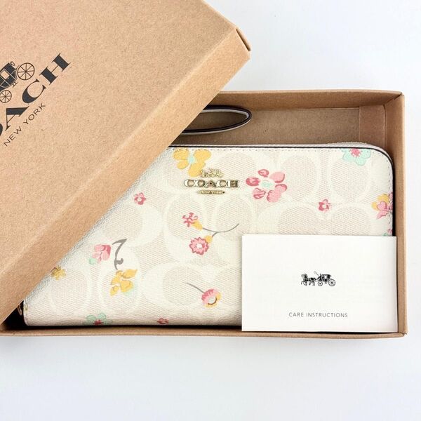 【COACH】アウトレット コーチ レディース ラウンドジップ ミスティカル フローラル 長財布 ホワイト ユニセックス ピンク