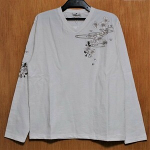 SALE！絡繰魂 10♪(XL)201061桜刺繍ジャガードVネック長袖Ｔシャツ