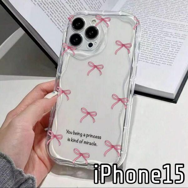 iPhone15 ケース クリア リボン うねうね ピンク 韓国