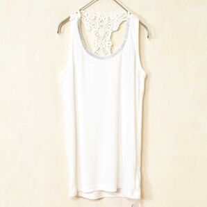 バックレース ビジュー付き タンクトップ レディース インナー 春夏 シンプル 無地 丸首 ガーリー F ホワイト 27564