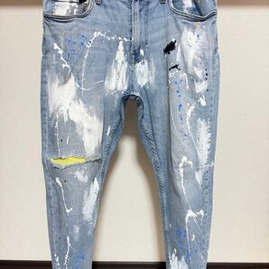 伸縮性強め ペイント ZARA MAN ネオン ストレッチ スキニー カットオフ ダメージ デニム パンツ メンズ ジーンズ 青