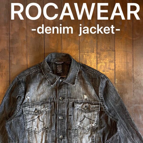 希少!!【ROCAWEAR ロカウェア】ブラックデニムジャケット Jay-Z ヒップホップ ユニセックス レア ダメージ フェード