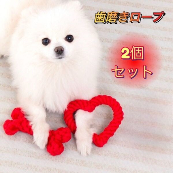 犬のおもちゃ 2個セット 赤 レッド 犬用 ロープ ハート 骨型 おもちゃ ロープ 歯石取り 犬 犬用品 ペット ペット用品