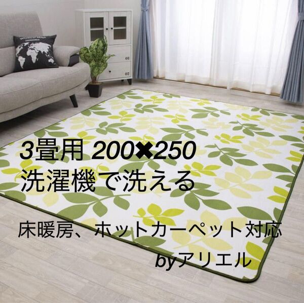 新品 3畳タイプ 防ダニ仕様 洗える フランネルラグ リーフグリーン