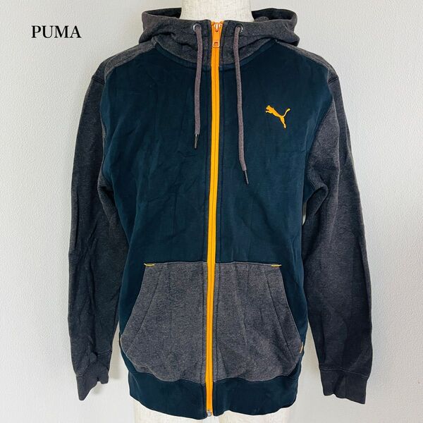 【USED】プーマ PUMA ジップアップ スウェットパーカー フーディー 刺繍ロゴ 裏起毛 グレー ネイビー スポーツウェア
