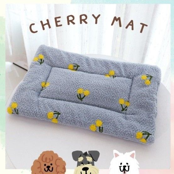 クッション 小型犬 ペット マット ベッド クレート Sサイズ ブルー チェリー柄 さくらんぼ
