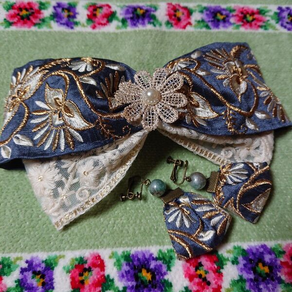 髪飾り バレッタ インド刺繍リボン