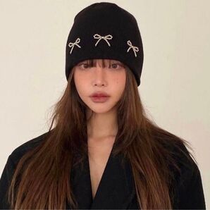 ニット帽 グレー リボン