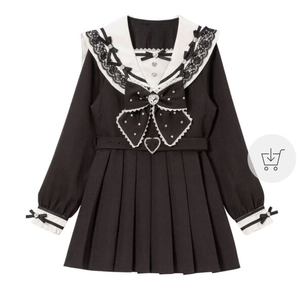 ハートビジューリボンレース学園ワンピース 夢展望 dear my love ディアマイラブ L大きいサイズ セーラー服 制服 膝丈