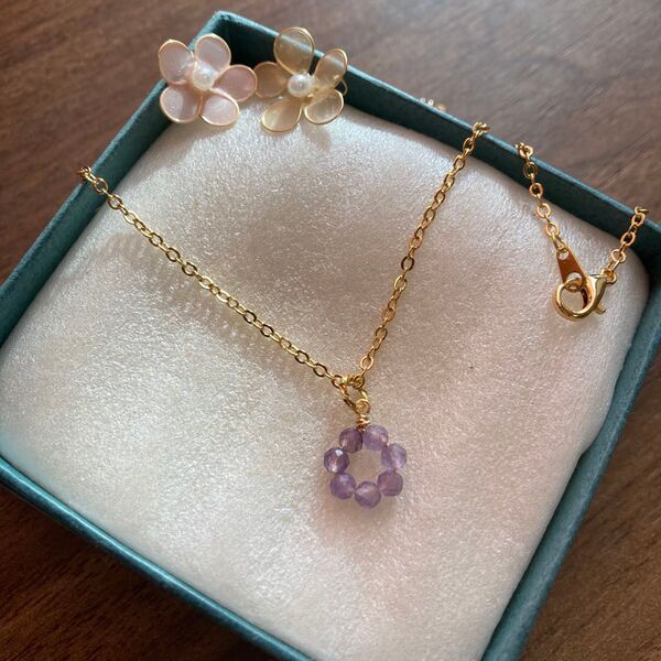 アメジストのお花のネックレス K16GP ハンドメイド セット