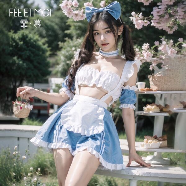 アリス風 メイド服 エプロン コスプレ セクシー アイドル コスチューム 個人撮影 ロリータ 水色 量産型 リボン 可愛い 萌え