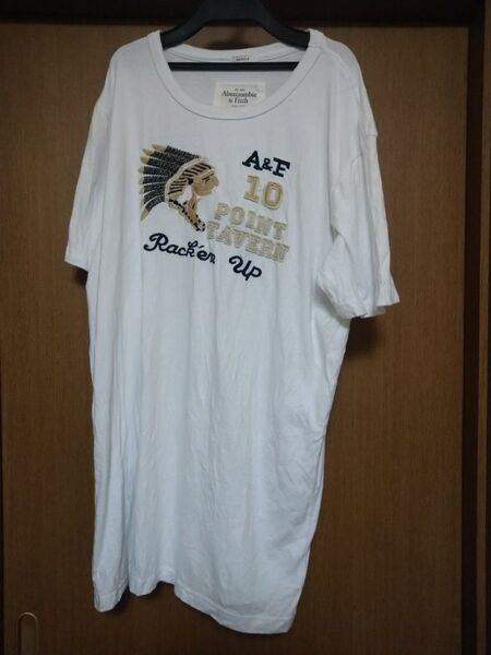 М0103 Abercrombie&Fitch Tシャツ XL 白 インディアン柄 紺刺繍