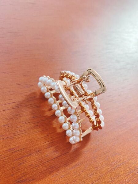 【中古品】バンスクリップ パール半円形 パール&ストーン ヘアクリップ