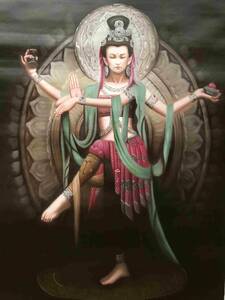 Art hand Auction Arte budista con esvástica pintada a mano Pintura al óleo en miniatura Kannon Bodhisattva pintada a mano 90 cm Búsqueda; Estatua de pie pintura budista Yoga Meditación, Cuadro, pintura japonesa, persona, Bodhisattva