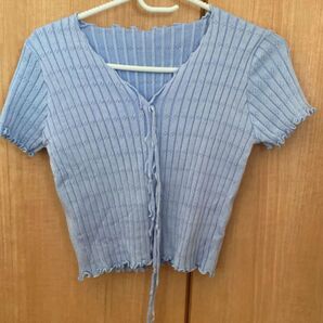 韓国 水色 チビT ニット Tシャツ