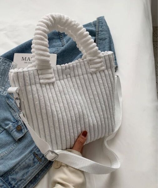 コーデュロイミニトートバッグホワイトハンドバッグストラップ付き未使用