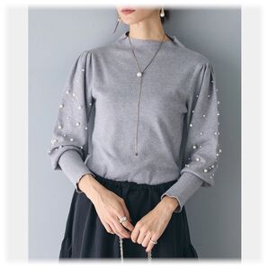 SALE★新品 ランダムパールスリーブニットトップス/グレー frene