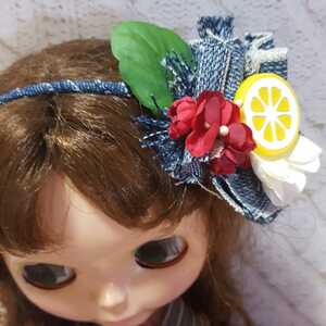 カチューシャ ブライス SD 手作り カスタム 　冠　デニム　レモン　ヘア飾り　髪飾り　ナチュラル　染め花　かすみそう　レトロ　