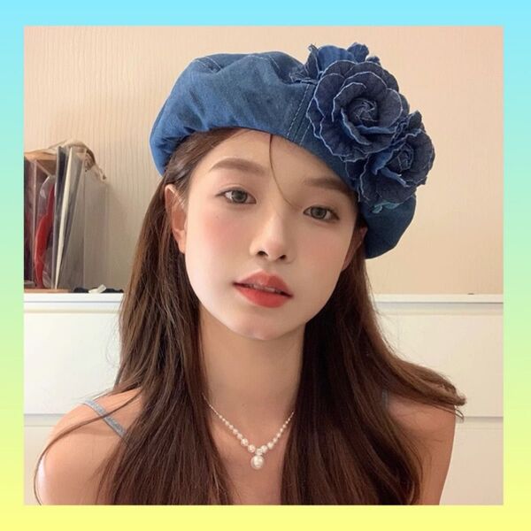 帽子 お花 キャスケット ベレー帽 デニム 韓国 レディース 青 可愛い 365