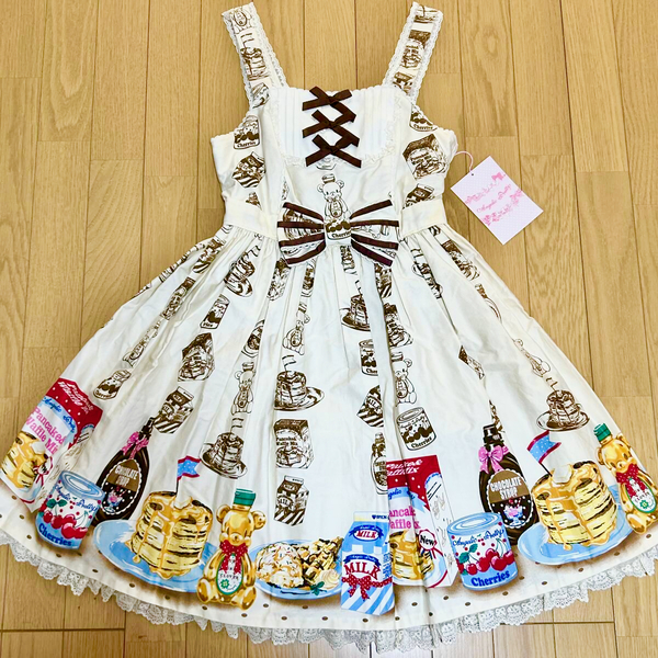 【初販品】*Angelic Pretty*Honey Cake切替ジャンパースカート(アイボリー×ブラウン)*《未使用・難あり品》 綿素材 パニエ付き