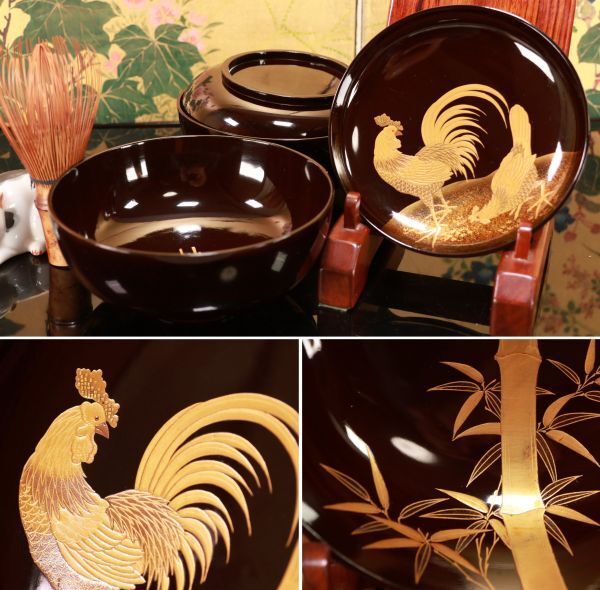 BJ123 時代輪島塗 瓢箪図蒔絵 吸物椀 二客 木製 切り金 細密 BJ123 時代輪島塗 瓢箪図蒔絵 吸物椀 二客 木製 切り金 細密