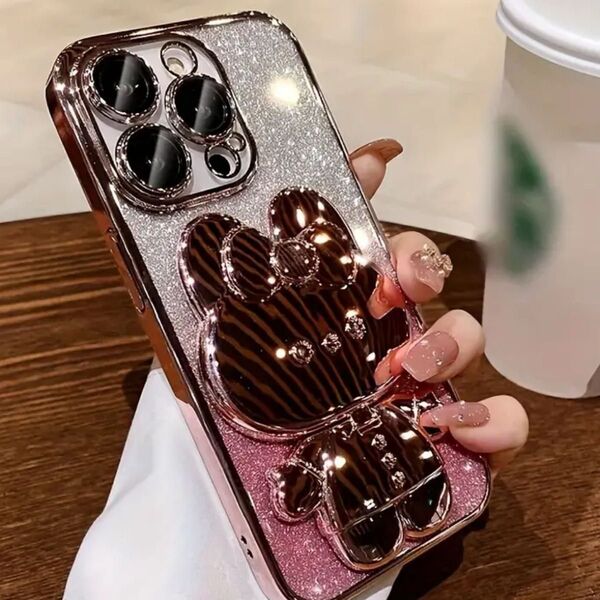 IPhone 15ピンクかわいいバニーフォンホルダーと隠しホルダー、衝撃吸収ウルトラ薄型保護 スタンド鏡付き