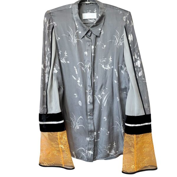 mame kurogouchi 19aw Silk Lame Print Sleeves Shirt