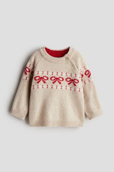 H&M 100センチ ジャカードニットセーター ライトベージュ リボン 新品