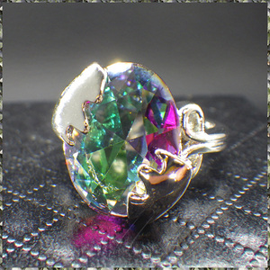 [RING] 925 Plated Luxury Rainbow Multicolor Mystic Crystal CZ 16mm オーバル レインボー クリスタル ラグジャリー シルバーリング 15号