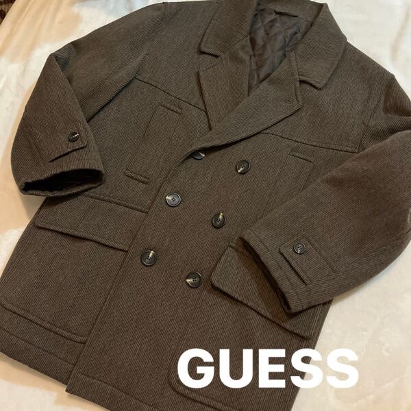 美品 GUESS ダブルブレストブラウン ジャケット アウター コート M ダブルウールコート Pコート ピーコート
