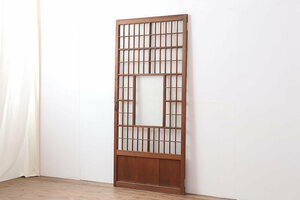 R-043947　アンティーク建具　昭和中期　ダイヤ・モールガラス入り　珍しいドアタイプの格子戸(ドア、扉、格子扉)(R-043947)