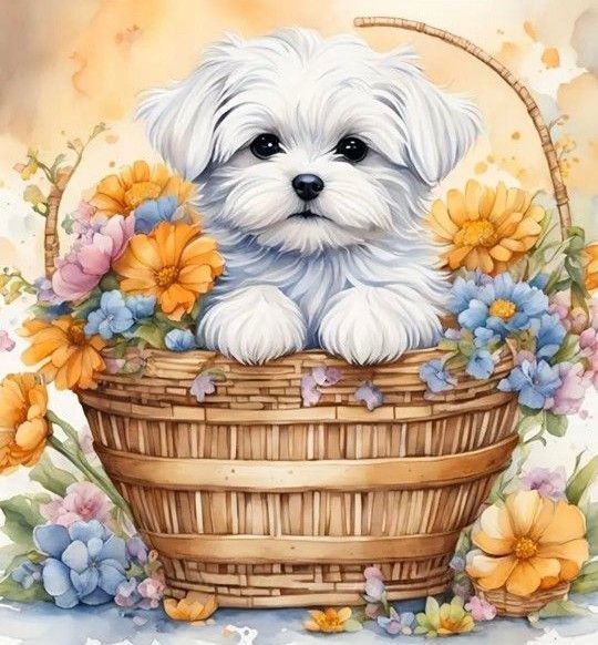 新品ダイヤモンドアート20×20花かごの子犬 マルチーズ 犬 初心者作成キット
