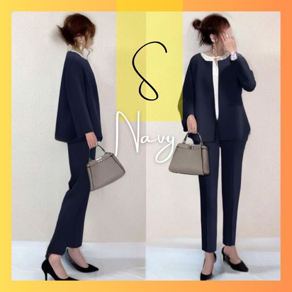 【ネイビー】 S ノーカラー パンツスーツ フォーマル 入学式 ママ服 シンプル
