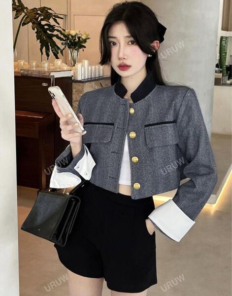 SHEIN コントラストトリム ボタンフロント クロップ オーバーコート
